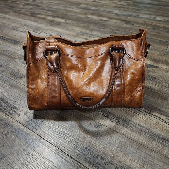 Frye Melissa Cognac Brown Leather Top Handle Zipper Closure no long strap - Picture 1 of 7